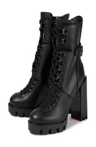 겨울 부츠 여자 이름 브랜드 발목 부츠 Macademia Genuine Leather Ankles Booties Martin Boots Black 및 Lace-Up Fashion Chunky Heel8477988