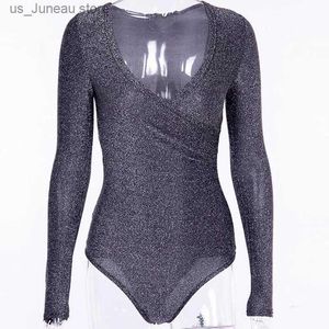 Women's Jumpsuits Rompers Shine Glitter Women Body Sexy Bodysuits Dp V-neck iOffice Lady Club Romper Bodycon Fitness Jumpsuit Party Rompers M0394 1 T240415