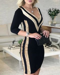 Vestido casual feminino contraste de lantejoulas vneck bodycon Última noite sexy gentilwoman estilo magro wrap hip midi 240412