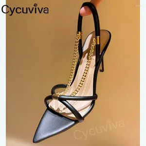 Terlik nokta ayak parmağı ince topuk kadın sandaletler deri metal zincir dekor elbise ayakkabı yaz yüksek marka gladyatör