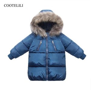 COOTELILI Cotton Winter Jacket For Boys Girls Real Raccoon Fur Hat Winter Coat For Boys Long Style Kids Parka Clothing 201805376