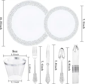 Dostępne zastawy obiadowe 210pc srebrne plastikowe plastikowe talerze zawiera 30 sałatki obiadowej