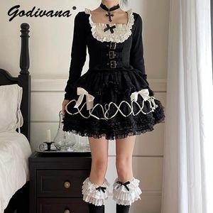 Work Dresses Original Design Lace Bow Rivet Slimming Long Sleeve Slim Fit Short Shirt Cropped Top Tied Black Puffy Skirt Two Piece Sets