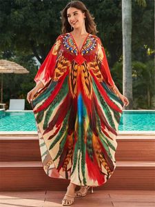 Городские сексуальные платья 2024 Летние сексуальные V Nece Sheal Loase Kaftan Lounging Beach Wear Long Slve платье для женщин печати Batwing Slve Maxi Plays Q1588 T240412