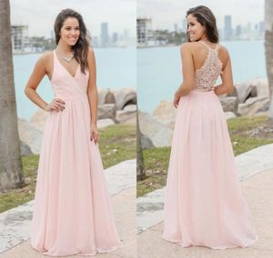 Pembe Beach Nedime Elbiseleri V Boyun Dantel Şifon Zemin Uzunluğu Nedime Gowns Düğün Konuk Elbise Partisi Elbiseler4611429