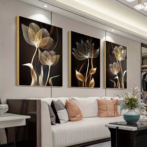 3pcs 15.7x23.6in/40x60 cm kein Rahmen Schwarz und goldene Blumenwandkunst Leinwand Malerei für Wohnzimmer Dekor - Moderne Abstract Desig