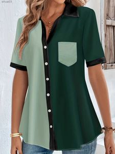 Women's Blouses Shirts Plus Size Casual Blouse Womens Plus Colorblock Button Up Short Sleeve Turn Down Collar BlouseL2403