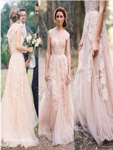 Blush rosa bröllopsklänningar vackra en linje spets tyll långa kvinnor brud party klänningar vestido de noiva rosa8494691