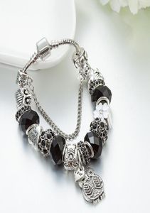 Strands Charm 925 silver bracelet black beads, owls and Diy flowers for women's charms5896775