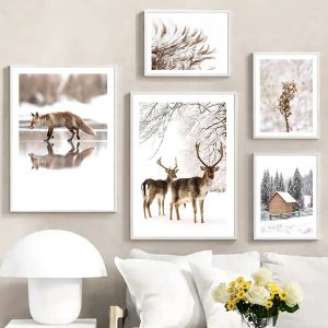 Vinter Snow Deer Forest Reed Wood Wall Art Canvas Målar nordiska affischer och tryck Väggbilder för vardagsrum Vinterdekor