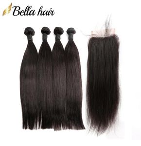 Brazylijski ludzki wątek 4PCS z 1PC Top Closures Sily Prosty Hair Extensions Double Wefts Unforted Virgin Hair Bundles Bellah3551163