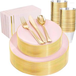 Disposable Dinnerware 350PCS Pink And Gold Plastic Plates - Set For 50 Guests Include Dinner