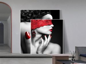 Nowoczesna moda seksowne czerwone usta malowanie kobiet plakaty i grafiki do salonu sypialnia ścienna zdjęcia sztuki