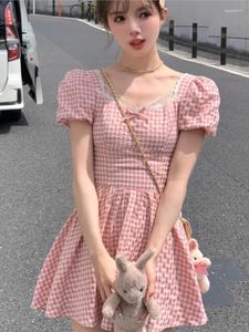 Party Dresses 2024 Women Summer Pink Plaid Lace Mini Dress Korean Y2k Pleated High Waist A-line Cute Yellow Sweet Birthday