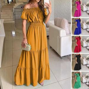 الفساتين المثيرة الحضرية Maxi Boho فستان strtwear نفخة قصيرة slves مرنة الخصر الشاطئ فستان غرز كبير HENG A-LINE HILLE-EAIST SUMBLE OFF THE T240412