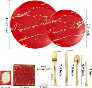 Disposable Dinnerware 225PCS Red Gold Plastic Plates Set Include Dinner PlatesDessert Forks Mini