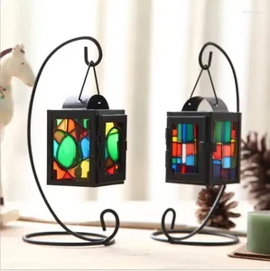 Candle Holders Metal Tea Light Holder Iron With Hanger Color Glass Decor Lantern Mix For Wedding Party House