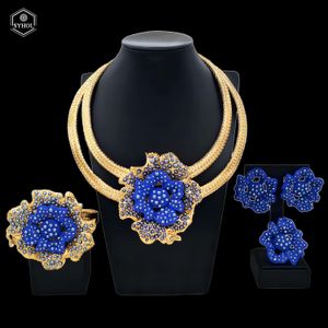 Kadınlar İçin Takı Setleri 24K Altın Kaplama Orijinal Lüks Düğün Mavi Gül Çiçek Kolye Küpe Partisi Dubai 240402
