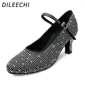 Dance Shoes DILEECHI Women's Black Satin Rhinestone Modern Shining Soft Bottom Woman Salsa Party Heel4.5cm 7.5cm Close Toe