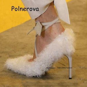 Dress Shoes Furry Pointed Toe Pumps Thin Heels Anklet Strap Women's Real Leather Lamb Whole White Shallow Card Decoration Elegant Pump