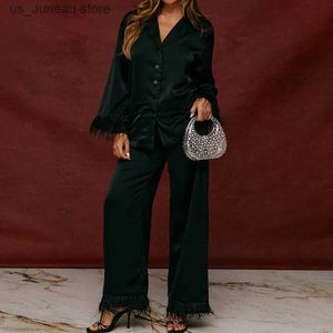 Women's Two Piece Pants Elegant Satin Blouse Shirt Tops and Pants Matching Set Feathers Trim Long Slve 2 Piece Outfits Women Lounge Party Strtwear 1 T240415