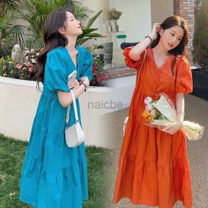 Maternity Dresses Blue Orange Pregnant Woman Summer Dress Plus Size Puff Sleeve V-Neck Maternity ButtonFly Nursing Dress Loose Breastfeeding Dress 240412