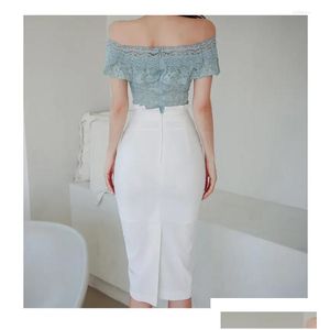 Arbetsklänningar Tvådelar Set 2024 Summer Temperament Line Collar Lace Top Woman Fashion High Midist Bag Hip Skirt Suits Drop Delivery App DHUE1