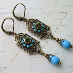 Dangle Earrings Sleeping Beauty Turquoise Gemstone Handmade Hollow Drop Designer Hanging Birthday Gift For Her