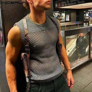 Men Tank Tops Mesh Patchwork Przezroczysty oddychany bez rękawów Seksowne ubranie Summer Kamizelki modowe S5xl Inderun 240412