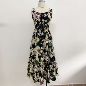 Women's Tanks & Camis Runway Style Socialite Temperament Casual Vacation Lily Flower Print Strap Large Hem Dress