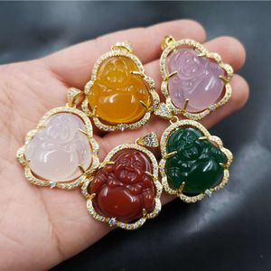 Religião esculpida Aço inoxidável Multi Color AGate Colar de pedra gelado pingente de cristal maitreya jade buddha