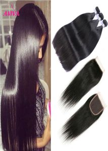 Brazilian Straight Virgin Hair Weaves 3 Bundles with Lace Closures 8A Grade Unprocessed Malaysian Peruvian Indian Cambodian Remy H6541335