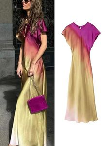 Traf Summer Women Fashion Tie Tie Dye Print Dress Vintage Oneck Midi半袖ドレス女性カジュアルシックなサテン240412