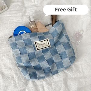Storage Bags Women Cosmetic Bag Jeans Plaid Travel Makeup Portable Toiletry Large Capacity Organizer Zipper Beauty Pouch
