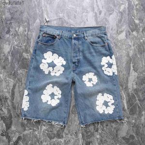 Trendy Hip-Hop High Street American Denim Shorts Lose sitzende abgenutzte, gewaschene weiße bestickte uzlw