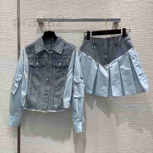 Two Piece Dress Designer Early Spring New Age Reducing Western style Denim Spliced Short Coat+High Waist Pleated Short Skirt Fashion Set YKEA