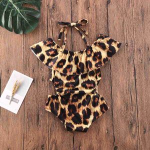 Enstycken 1-5T Baby Girl Sling Ruffled Leopard Print Sling Swimsuit Summer Drop-Shulder Leopard Print Lace Strapless Sleeveless Beachwear Y240412