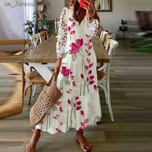 Grundläggande avslappnade klänningar Boho Loosing V Neck Tassel Long Dress 2023 Spring Floral Print Parted Party Maxi Dress Women Embroidery Lace Slve Summer Dress T240412