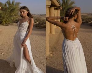 Suknie ślubne na zamówienie Summer Boho Spaghetti koronkowe szyfonowe uda wysokie rozcięcie plażowe suknie ślubne sukienki ślubne 7772649