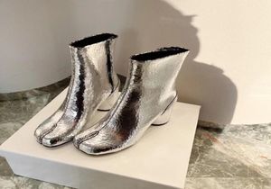 부츠 실버 타비 스플릿 발가락 발가락 하이힐 부츠 가죽 Zapatos Mujer 패션 가을 여성 신발 Botas9055704