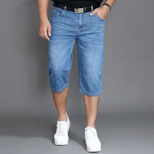 Yaz kot pantolonlar erkek denim elastik gerilmiş ince kısa jean büyük boyutlu artı açık mavi 42 44 48 erkek buzağı uzunluğu pantolon 240328