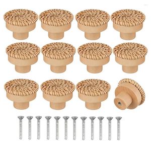 Piastre decorative boho rattan comò manopole rotonde cassettiera in legno vimmi fatto a mano e viti per mobili 12pcs