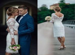 Modern 2019 Long Sleeve Short Wedding Dresses Scoop Neck Sheath Knee Length Lace Bridal Gowns Reception Dress9580476