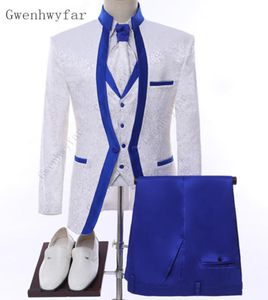 Gwenhwyfar Weiß Royal Blue Rim Stage Kleidung für Männer Anzug Set Herren Hochzeitsanzüge Kostüm Bräutigam Smoking Formale Jackelpantsvest7933245