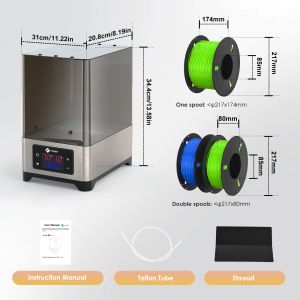 2ロール3Dプリンティングフィラメントドライヤー大ファラメントストレージボックスドライTPU ABS PLA 1.75/2.85/3mmのファン一定温度