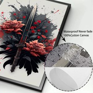 Japanska samurai sabel affisch svart vit katana blomma tryck canvas målar hem vardagsrum väggkonst dekor bild cuadros