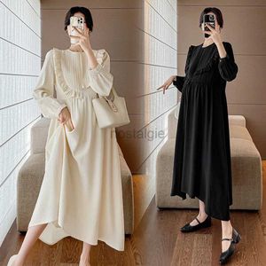 Maternity Dresses 2024 Autumn Winter Maternity Loose Dress Korean Style O-neck Pleated Ruffles Patchwork Sweet Pregnant Woman A-line Dress Elegant 24412