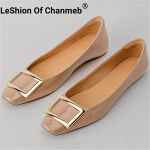Casual Shoes Leshion of Chanmeb Patent Leather Sheepskin Flat Women Square Metal Charm Toe Slip-On Shallow Shoe Nude Beige 33-41