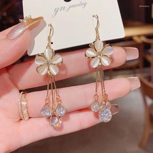 Kolczyki Dangle Luxury Opal Flower for Women Rhinestone Long Tassel Wszechstronny kryształowe dziewczęta przyjęcie weselne biżuteria