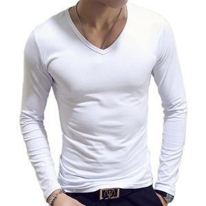 V Boyun Mens T Shirtler Sade Uzun Kollu Tişört Erkekler İnce Fit Fanila Zırh Yaz Gündelik Tee Üstler İç çamaşırı Tshirt Beyaz Siyah 240320